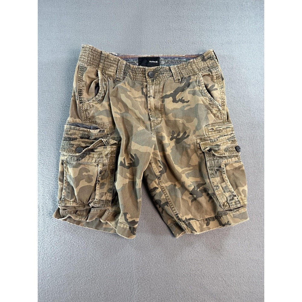 Hurley Cargo Shorts Mens 32 Green Camo Canvas Relaxed 11 Inseam Casual Summer